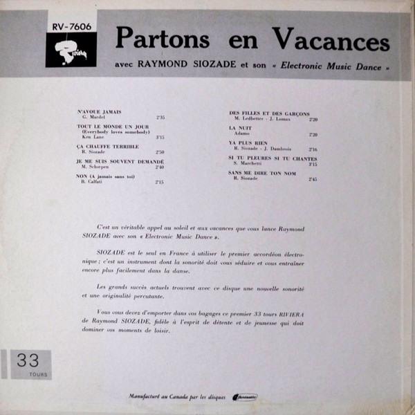 Raymond Siozade Et Son Électronic Music Dance - Partons En Vacances | Riviera (RV-7606) - 2