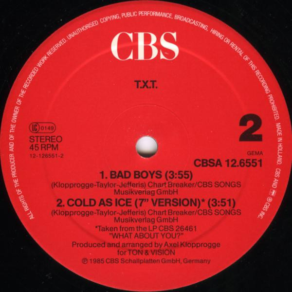 T.X.T. - Cold As Ice | CBS (CBSA 12.6551) - 5
