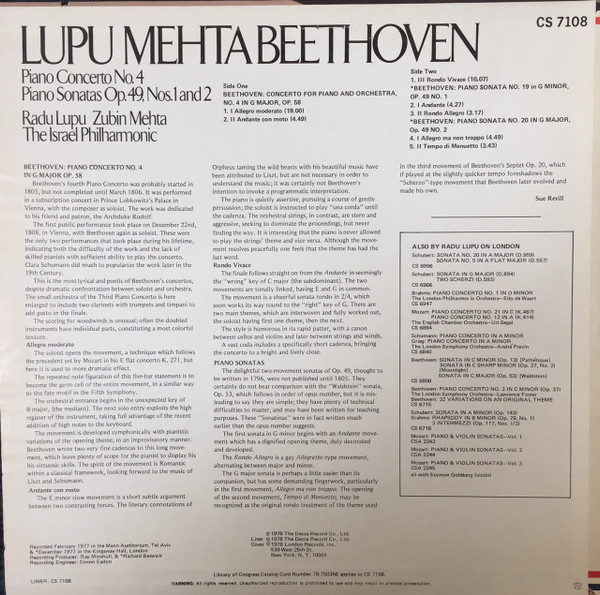Lupu Mehta Beethoven Piano Concerto No. 4 Piano Sonatas Op. 49, Nos. 1 And 2