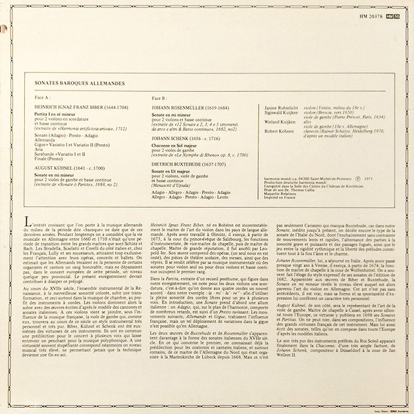 Janine Rubinlicht , Sigiswald Kuijken , Wieland Kuijken , Robert Kohnen - Sonates Baroques Allemandes | Deutsche Harmonia Mundi (HM 20378) - 2