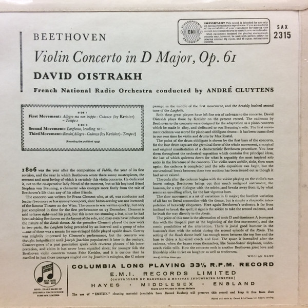 David Oistrakh, Beethoven Violin Concerto, French National Radio Orchestra, André Cluytens