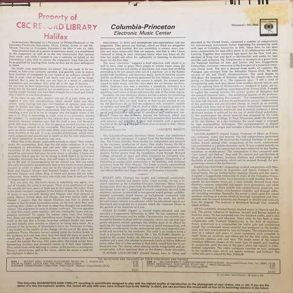 Various - Columbia-Princeton Electronic Music Center | Columbia Masterworks (ML 5966) - 2 Various - Columbia-Princeton Electronic Music Center | Columbia Masterworks (ML 5966) - 2