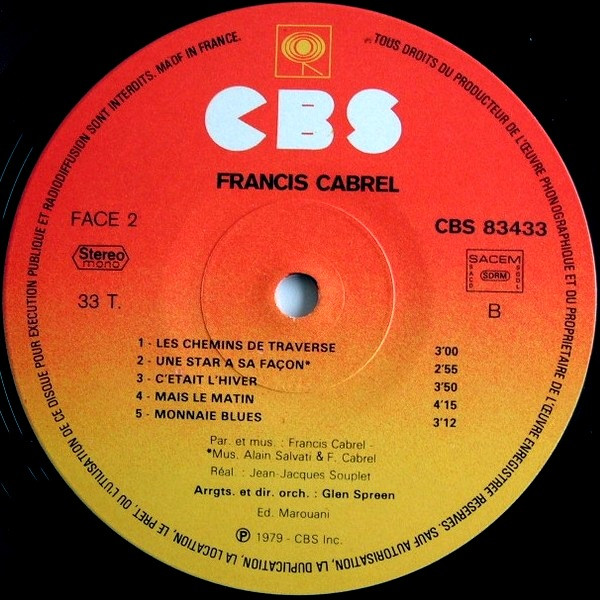 Francis Cabrel - Les Chemins De Traverse | CBS (CBS 83433) - 4 Francis Cabrel - Les Chemins De Traverse | CBS (CBS 83433) - 4