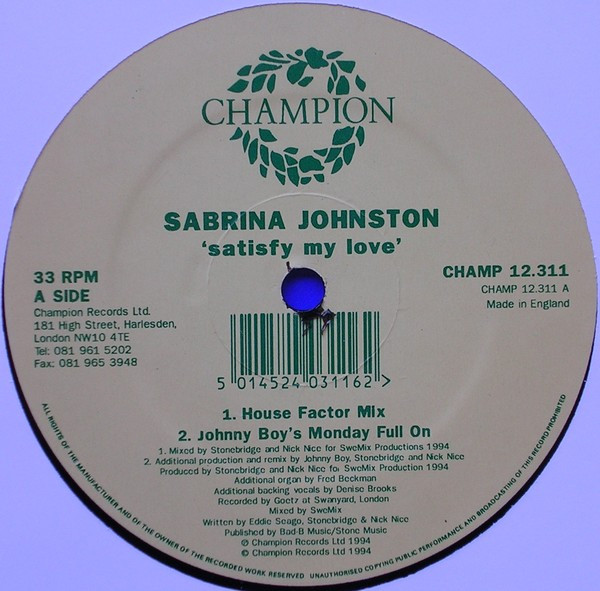 Sabrina Johnston - Satisfy My Love | Champion (CHAMP 12.311) - 3