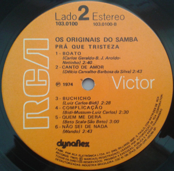 Os Originais Do Samba - Pra Que Tristeza | RCA Victor (103.0100) - 4 Os Originais Do Samba - Pra Que Tristeza | RCA Victor (103.0100) - 4