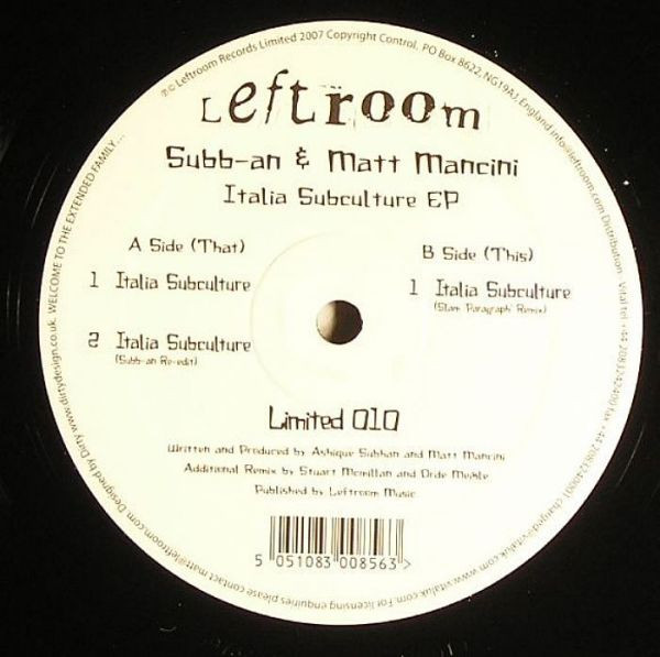 Subb-an & Matt Mancini - Italia Subculture EP | Leftroom Limited (Limited 010) - 4 Subb-an & Matt Mancini - Italia Subculture EP | Leftroom Limited (Limited 010) - 4