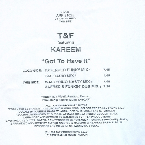 T&F Featuring Kareem - Got To Have It | Airplane! Records (ARP 21023) - 2