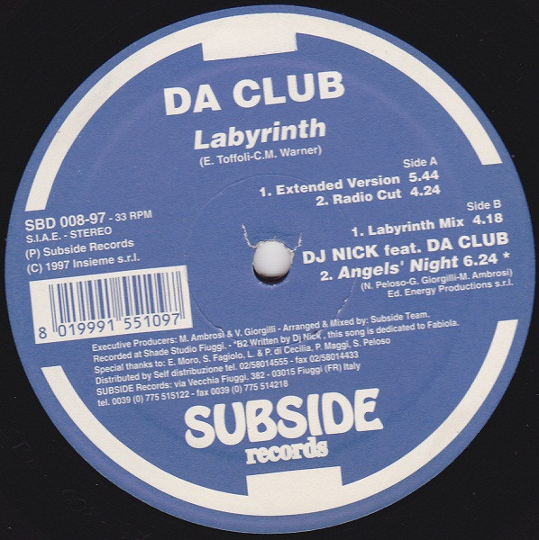 Da Club / DJ Nick feat Da Club - Labyrinth / Angels' Night | Subside Records (SBD 008-97)