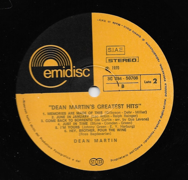 Dean Martin - Dean Martin's Greatest Hits | Emidisc (3C 034 - 50708) - 3