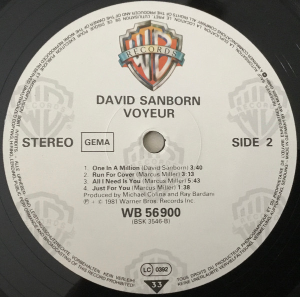 David Sanborn - Voyeur | Warner Bros. Records (WB 56 900) - 3 David Sanborn - Voyeur | Warner Bros. Records (WB 56 900) - 3
