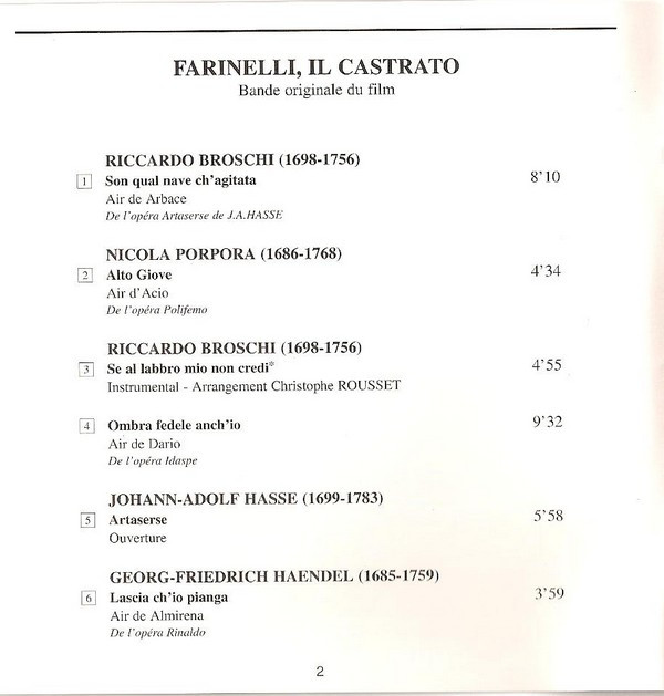 Christophe Rousset - Farinelli, Il Castrato (Bande Originale Du Film - Original Motion Picture Soundtrack) | Auvidis Travelling (K 1005) - 4 Christophe Rousset - Farinelli, Il Castrato (Bande Originale Du Film - Original Motion Picture Soundtrack) | Auvidis Travelling (K 1005) - 4