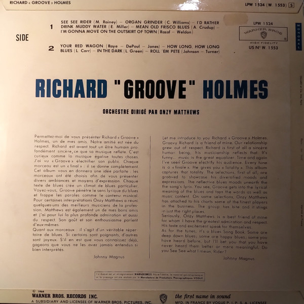 Richard "Groove" Holmes - "Plays the Blues" | Warner Bros. Records (LPW 1524 (W. 1553)) - 2 Richard "Groove" Holmes - "Plays the Blues" | Warner Bros. Records (LPW 1524 (W. 1553)) - 2