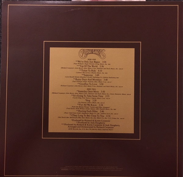 Carpenters - The Singles 1969-1973 [Vinyl] | A&M Records (SP 3601) - 2