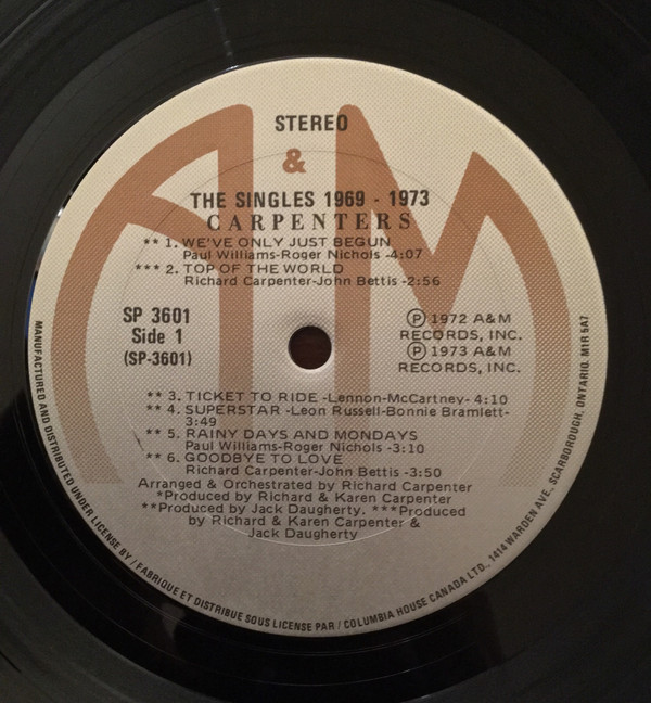 Carpenters - The Singles 1969-1973 [Vinyl] | A&M Records (SP 3601) - 3