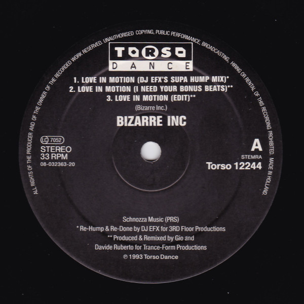 Bizarre Inc - Love In Motion (Remixes) | Torso Dance (Torso 12244) - main