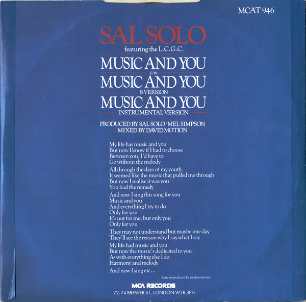 Sal Solo - Music And You | MCA Records (MCAT 946) - 2