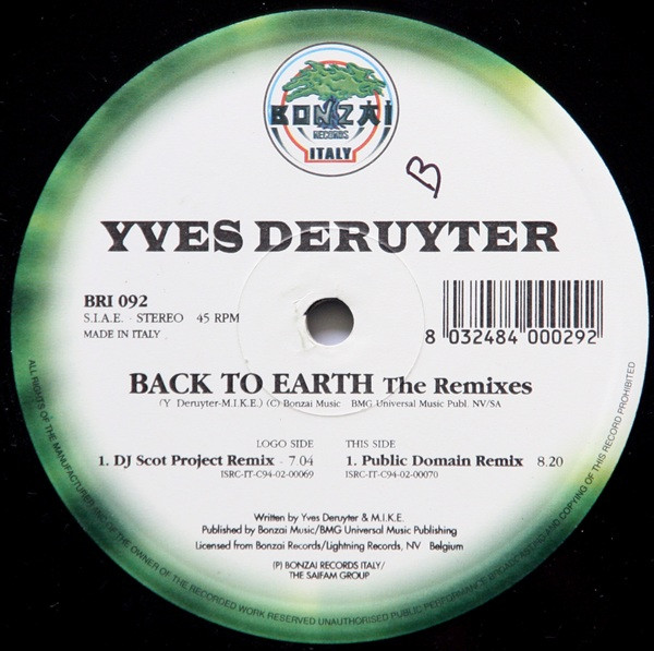 Yves Deruyter - Back To Earth (The Remixes) | Bonzai Records Italy (BRI 092) - main