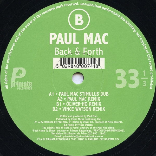 Paul Mac - Back & Forth | Primate Recordings (PRMT 074) - 3