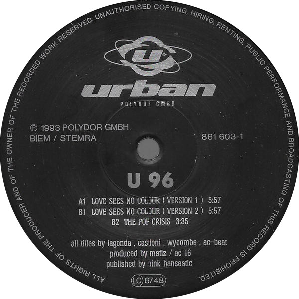 U96 - Love Sees No Colour | Urban (861 603-1) - 3