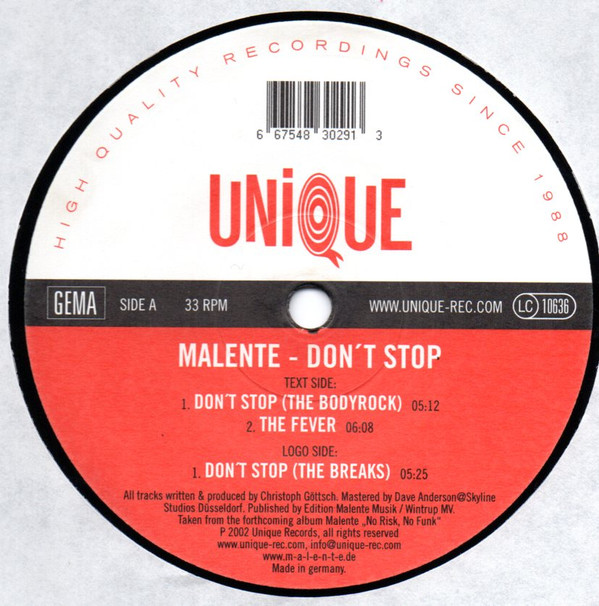 Malente - Don't Stop | Unique (UNIQUE 062) - main Malente - Don't Stop | Unique (UNIQUE 062) - main