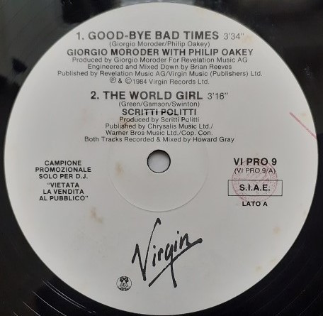 Giorgio Moroder With Philip Oakey / Scritti Politti / Delia Gualtiero / Alberto Solfrini - Good-Bye Bad Times / The World Girl / Di Quale Amore, Di Quanto Amore / Se Le Canti Un Boogie | Virgin (VI PRO 9) - main Giorgio Moroder With Philip Oakey / Scritti Politti / Delia Gualtiero / Alberto Solfrini - Good-Bye Bad Times / The World Girl / Di Quale Amore, Di Quanto Amore / Se Le Canti Un Boogie | Virgin (VI PRO 9) - main