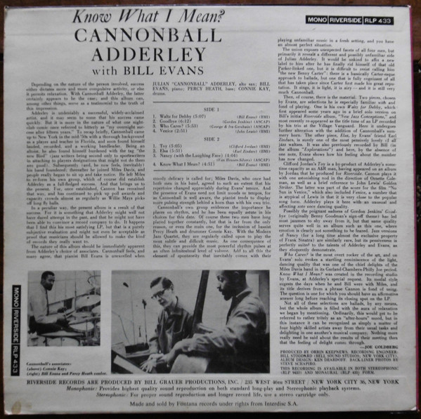 Cannonball Adderley With Bill Evans - Know What I Mean? | Riverside Records (RLP 433) - 2