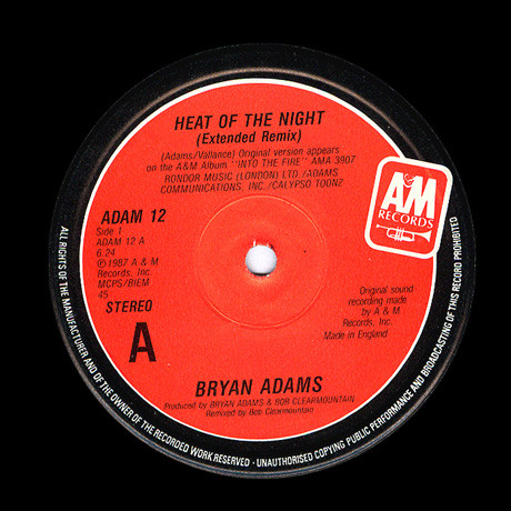 Bryan Adams - Heat Of The Night | A&M Records (ADAM 12) - 3