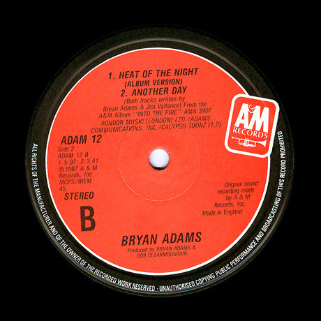 Bryan Adams - Heat Of The Night | A&M Records (ADAM 12) - 4