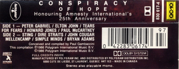 Various - Conspiracy Of Hope (Honouring Amnesty International's 25th Anniversary) | Mercury (830 617-4) - 2