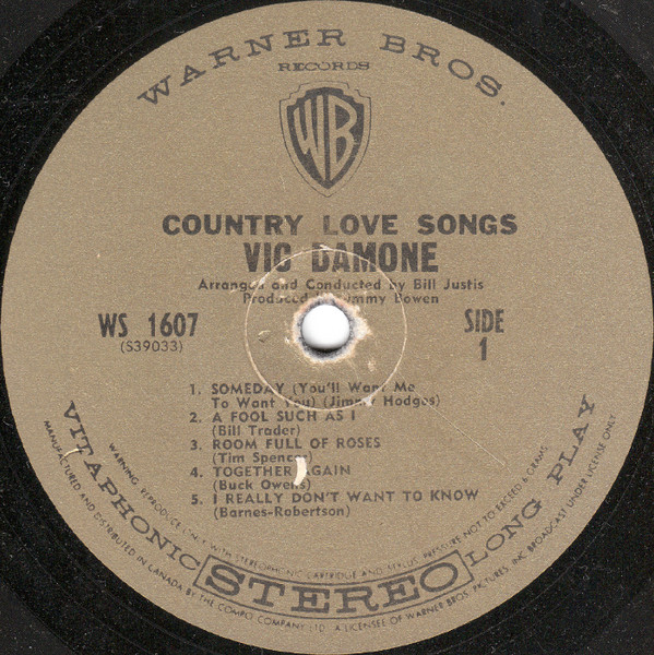 Vic Damone - Country Love Songs | Warner Bros. Records (WS 1607) - 3 Vic Damone - Country Love Songs | Warner Bros. Records (WS 1607) - 3