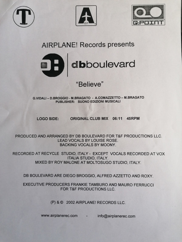 DB Boulevard - Believe | Airplane! Records (ARP 21101 PROMO) - 2
