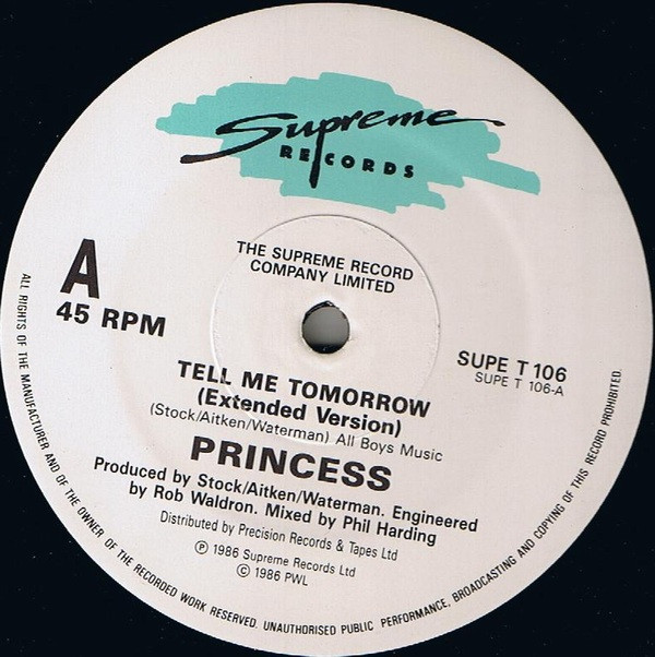 Princess - Tell Me Tomorrow | Supreme Records (SUPE T 106) - 3