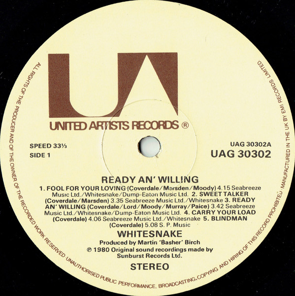 Whitesnake - Ready An' Willing | United Artists Records (UAG 30302) - 3 Whitesnake - Ready An' Willing | United Artists Records (UAG 30302) - 3