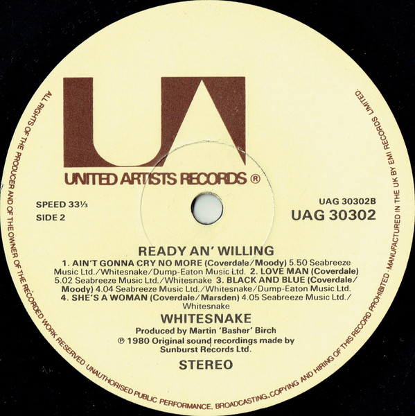 Whitesnake - Ready An' Willing | United Artists Records (UAG 30302) - 4 Whitesnake - Ready An' Willing | United Artists Records (UAG 30302) - 4