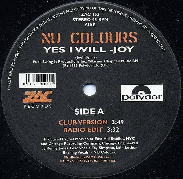 Nu Colours - Yes I Will | ZAC Records (ZAC 152) - main Nu Colours - Yes I Will | ZAC Records (ZAC 152) - main