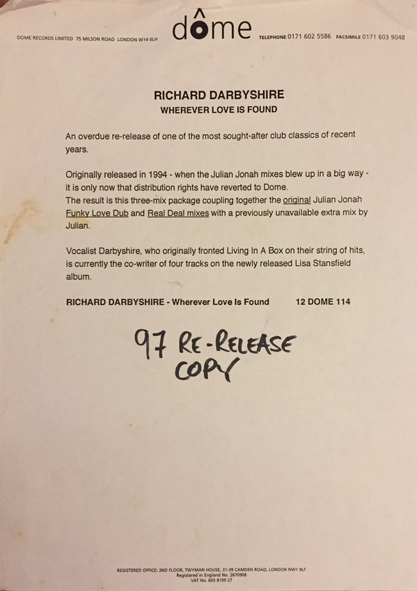 Richard Darbyshire - Wherever Love Is Found | Dome Records (12DOME 114) - 3 Richard Darbyshire - Wherever Love Is Found | Dome Records (12DOME 114) - 3