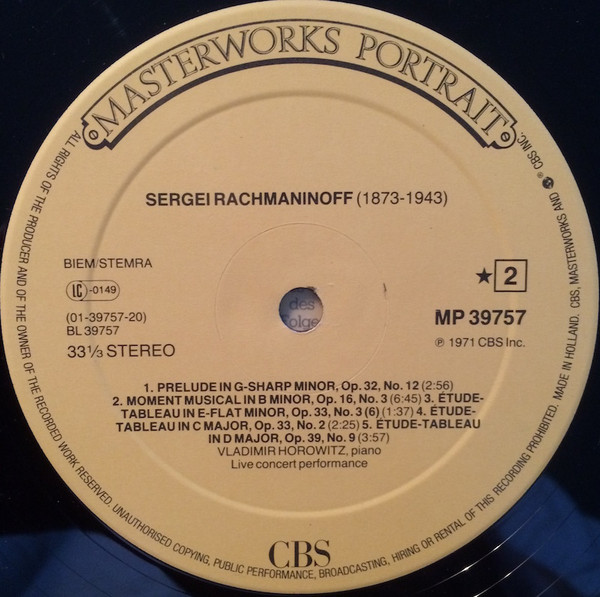 Vladimir Horowitz - Rachmaninoff - Piano Sonata No. 2  - Prelude Op. 32 - Moment Musical Op. 16 - Etudes - Tableaux | CBS (MP 39757) - 4