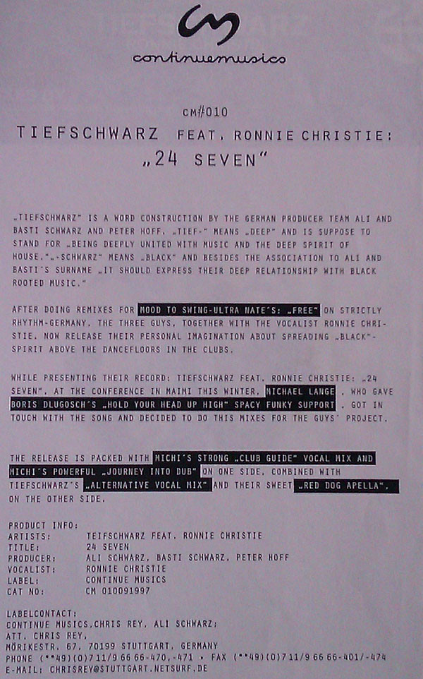 Tiefschwarz Feat. Ronnie Christie - 24 Seven | Continuemusics (cm # 010) - 4 Tiefschwarz Feat. Ronnie Christie - 24 Seven | Continuemusics (cm # 010) - 4
