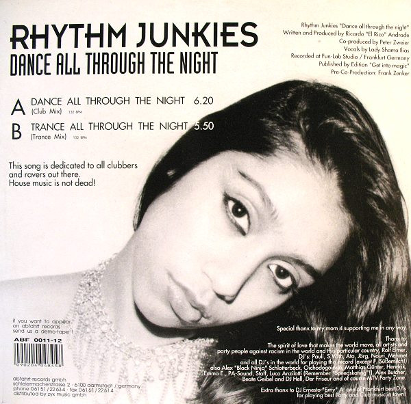 Rhythm Junkies Featuring Lady Shama Ilias - Dance All Through The Night | Abfahrt Records (ABF 0011-12) - 2