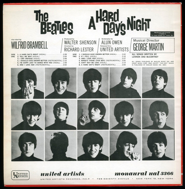 The Beatles - A Hard Day's Night (Original Motion Picture Sound Track) (Mono) [Vinyl] | United Artists Records (UAL 3366) - 2
