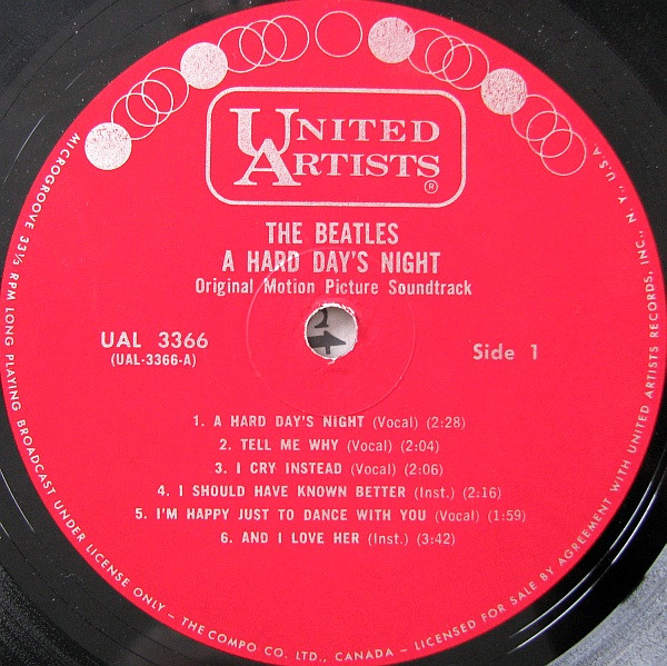 The Beatles - A Hard Day's Night (Original Motion Picture Sound Track) (Mono) [Vinyl] | United Artists Records (UAL 3366) - 3
