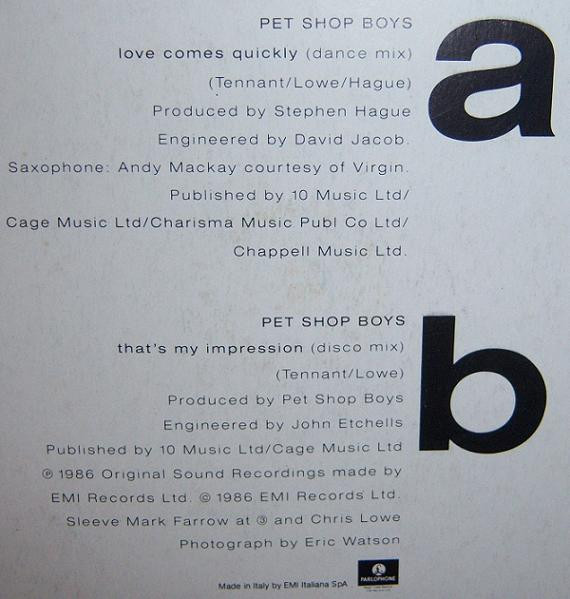 Pet Shop Boys - Love Comes Quickly | Parlophone (14 2011066) - 3 Pet Shop Boys - Love Comes Quickly | Parlophone (14 2011066) - 3