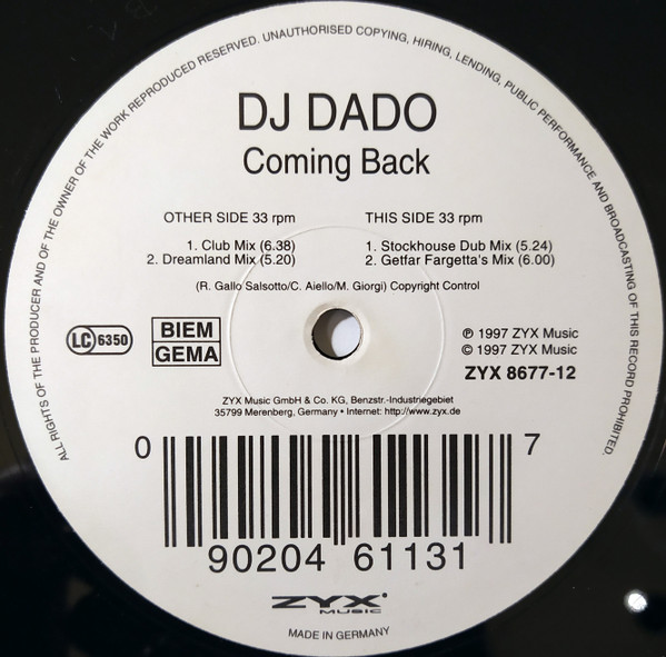 DJ Dado - Coming Back | ZYX Music (ZYX 8677-12)
