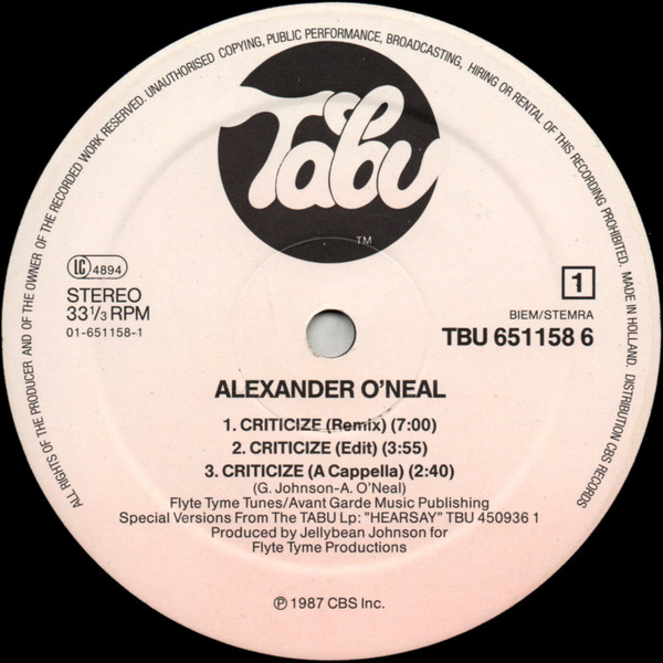 Alexander O'Neal - Criticize (Special 12" Mixes) | Tabu Records (TBU 651158 6) - 3 Alexander O'Neal - Criticize (Special 12" Mixes) | Tabu Records (TBU 651158 6) - 3
