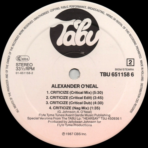 Alexander O'Neal - Criticize (Special 12" Mixes) | Tabu Records (TBU 651158 6) - 4 Alexander O'Neal - Criticize (Special 12" Mixes) | Tabu Records (TBU 651158 6) - 4