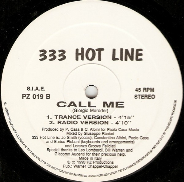 333 Hot Line - Call Me | PZ Productions (PZ 019) - 2