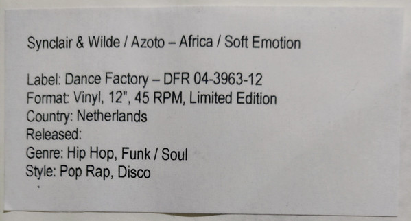Synclair & Wilde / Azoto - Africa / Soft Emotion | Dance Factory (DFR 04-3963-12) - 2