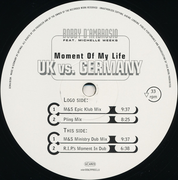 Bobby D'Ambrosio Feat. Michelle Weeks - Moment Of My Life (UK vs. Germany) | Club Tools (edel0063990CLU)