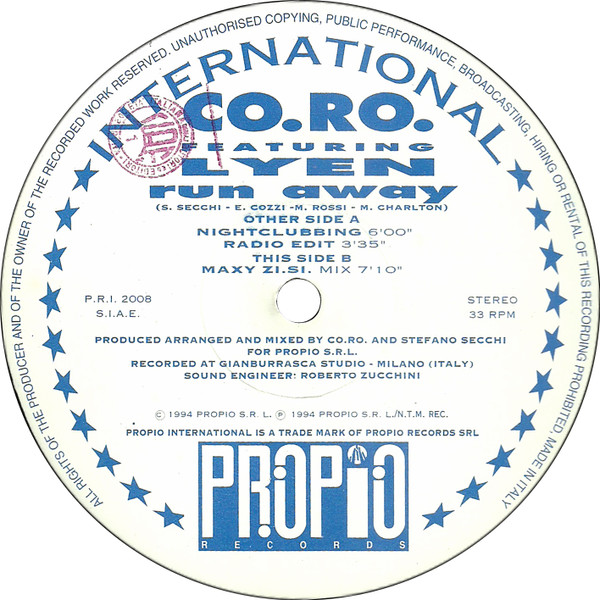 CO.RO. Featuring Lyen - Run Away | Propio Records (PRI 2008) - 3 CO.RO. Featuring Lyen - Run Away | Propio Records (PRI 2008) - 3