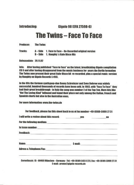 The Twins - Face To Face | International Deejay Gigolo Records (Gigolo 98) - 3 The Twins - Face To Face | International Deejay Gigolo Records (Gigolo 98) - 3